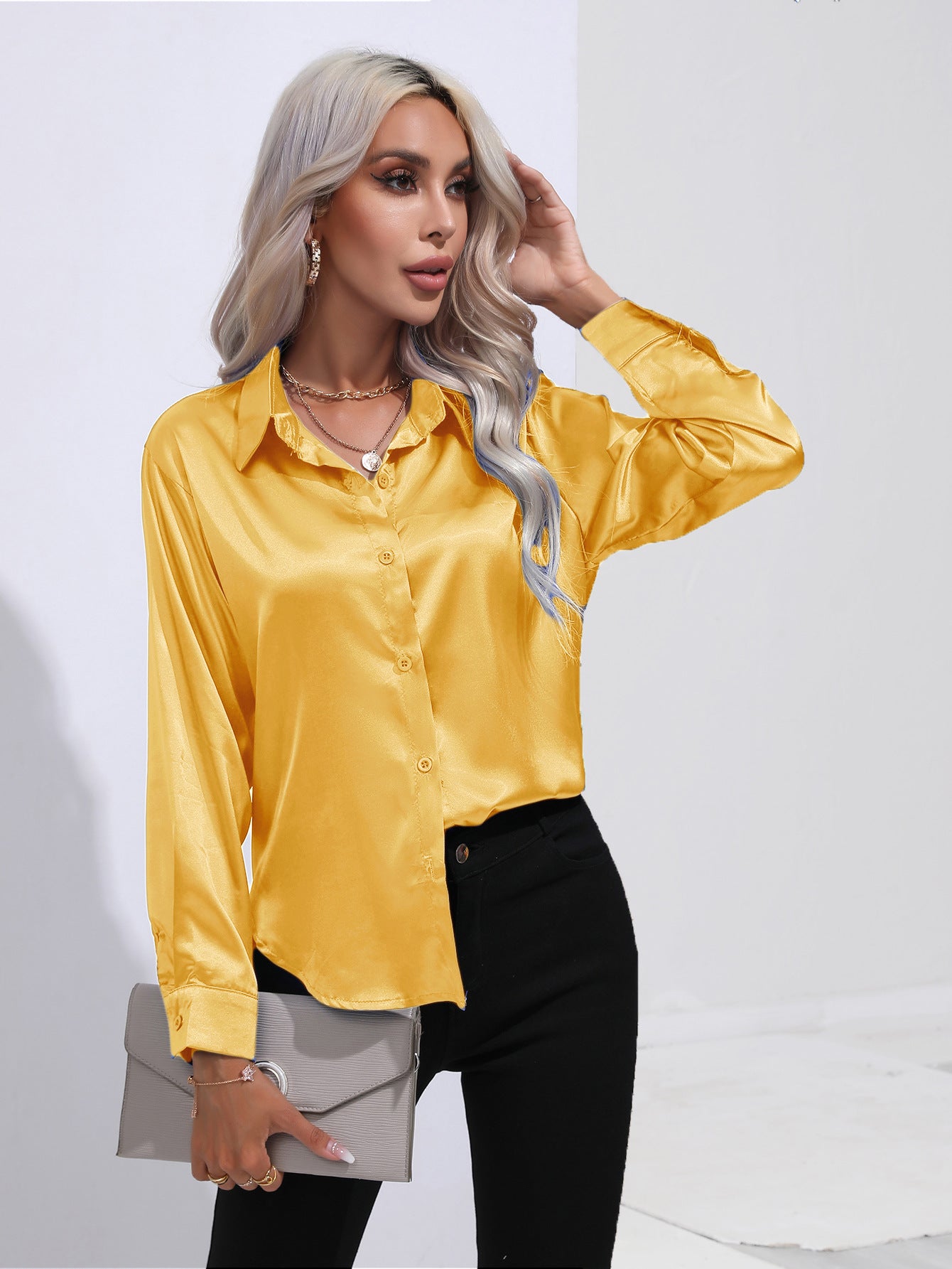 Women's Attractive Pretty Satin Shirt Long-sleeved Blouses