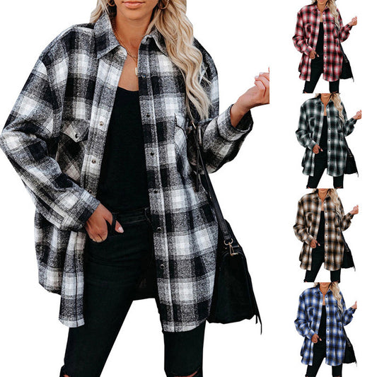 Women's Plaid Shirt Mid-length Loose Lapels Cardigans