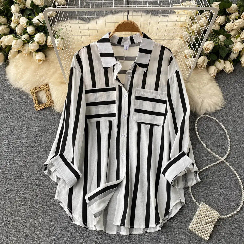 Mid-length Vertical Stripes Shirt Female Korean Blouses