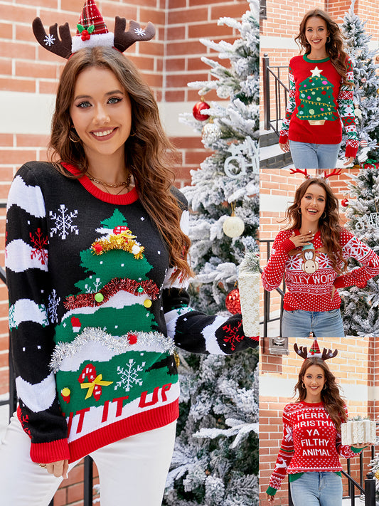 Round Neck Christmas Embroidered Tree Alphabet Sweaters