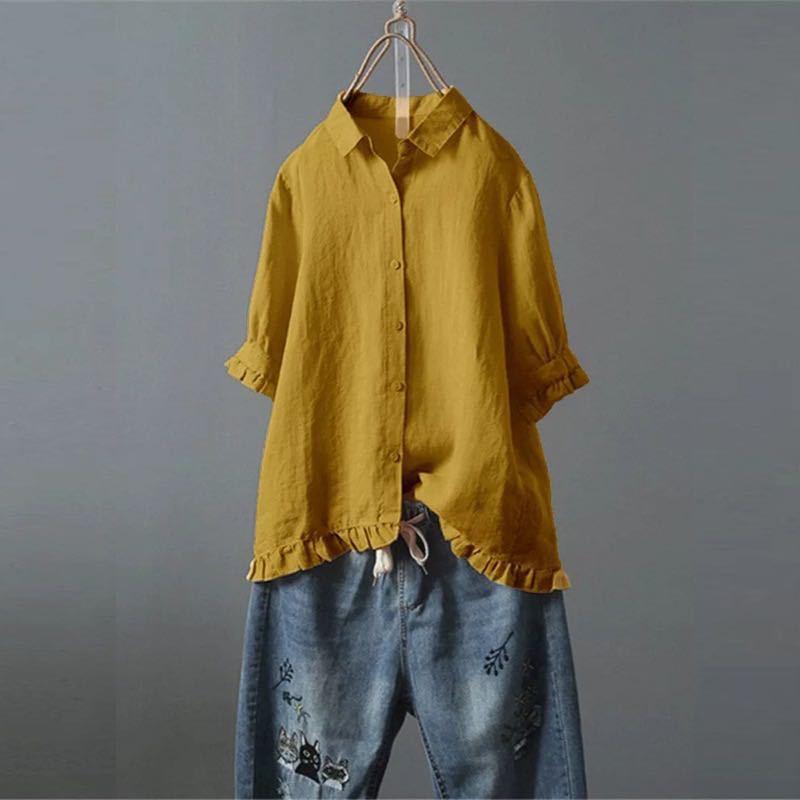 Women's Linen Shirt Casual Single-breasted Ruffled Sleeves Blouses