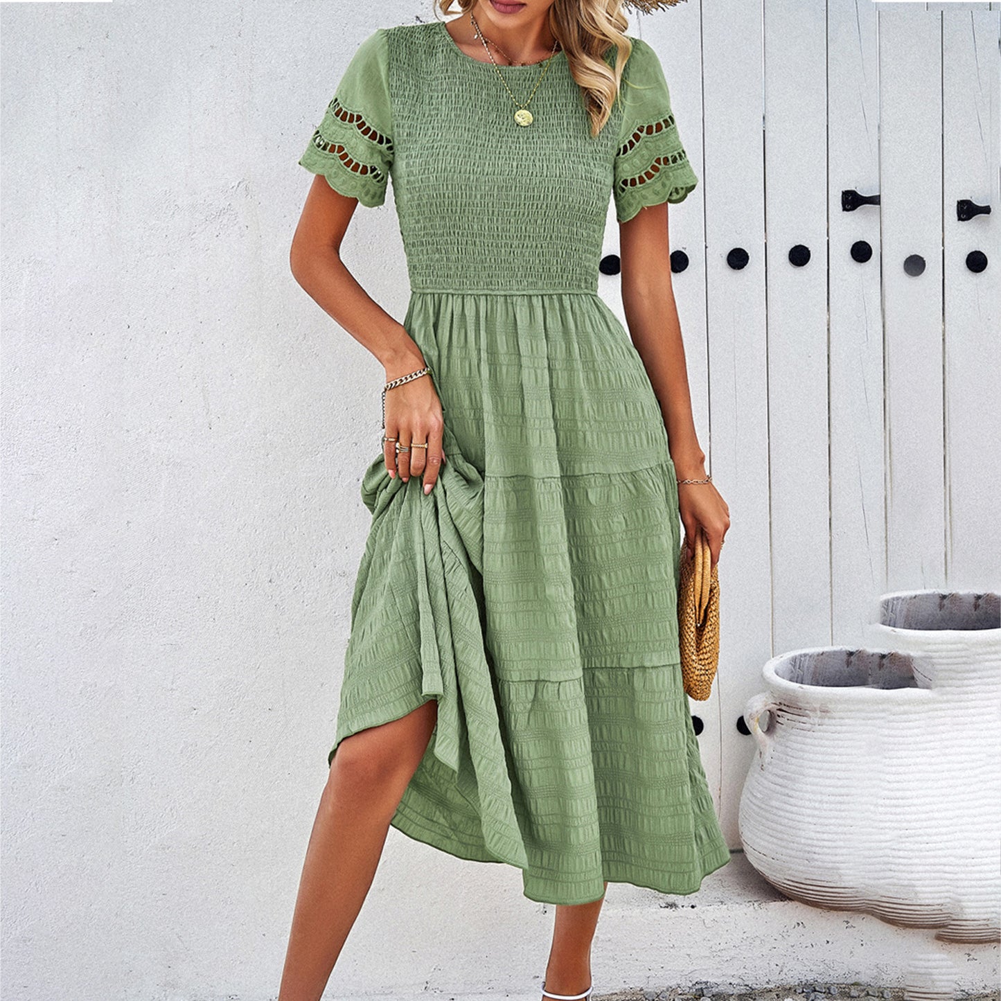 Women's Pure Color Temperament Smocking Hollow Dress Dresses