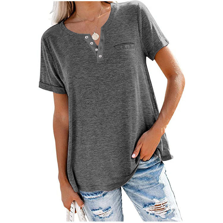 Women's V-neck Sleeve Pocket Loose T-shirt Blouses