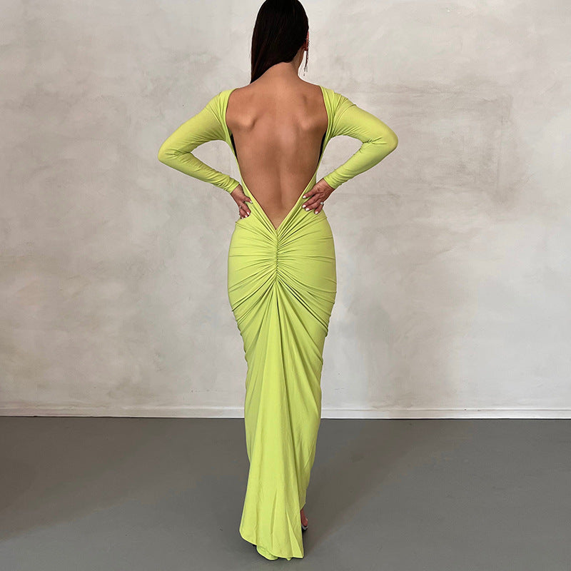 Solid Color Sexy Backless Pleated Long Elegant Dresses