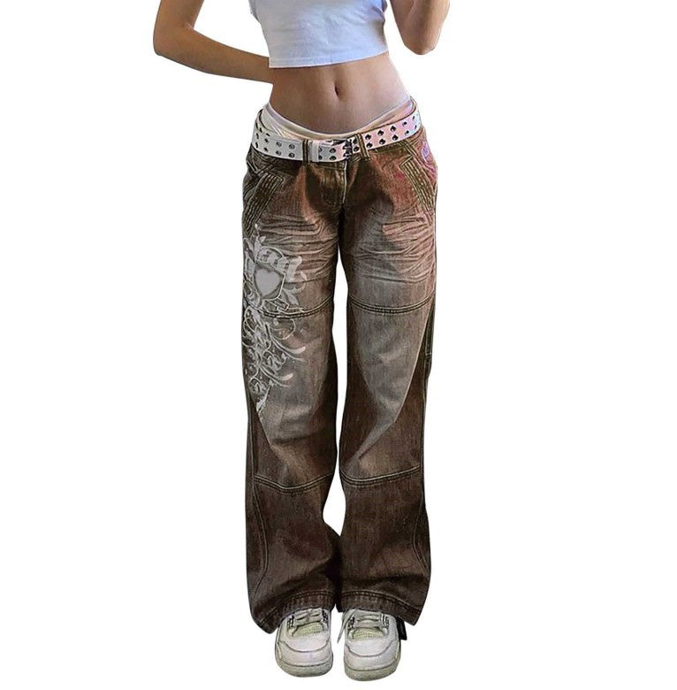 Hipster Irregular Personality Printed Distressed Straight Jeans