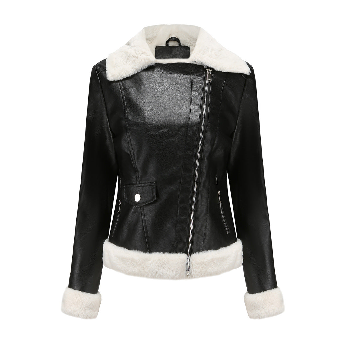 Women's Fleece Leather Warm Long Sleeves Collar Coats