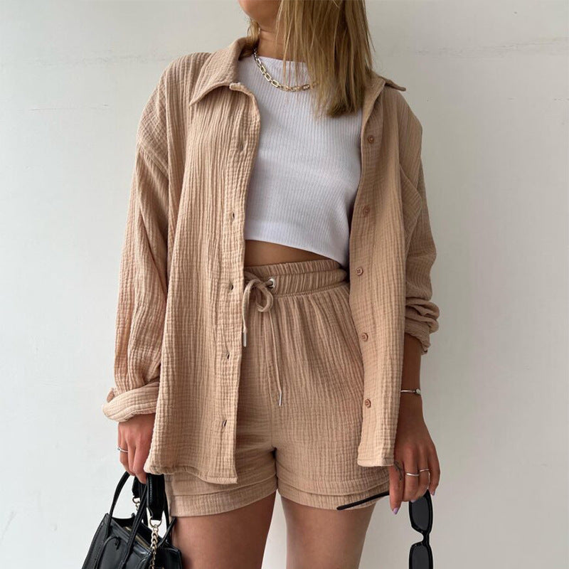 Women's Lapel Long Sleeve Shirt High Waist Drawstring Fashion Suits