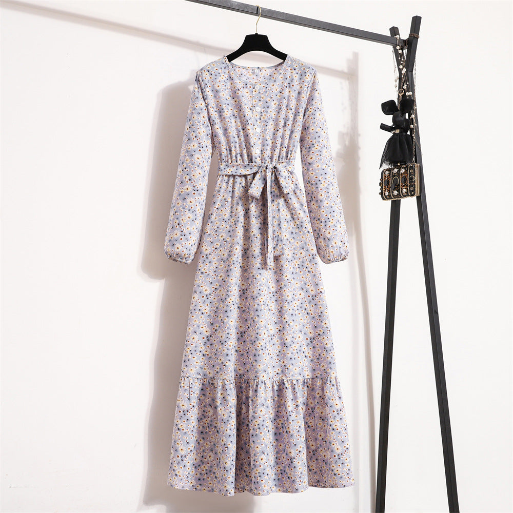 Women's Vintage Floral Long Sleeve Dress Waist Dresses