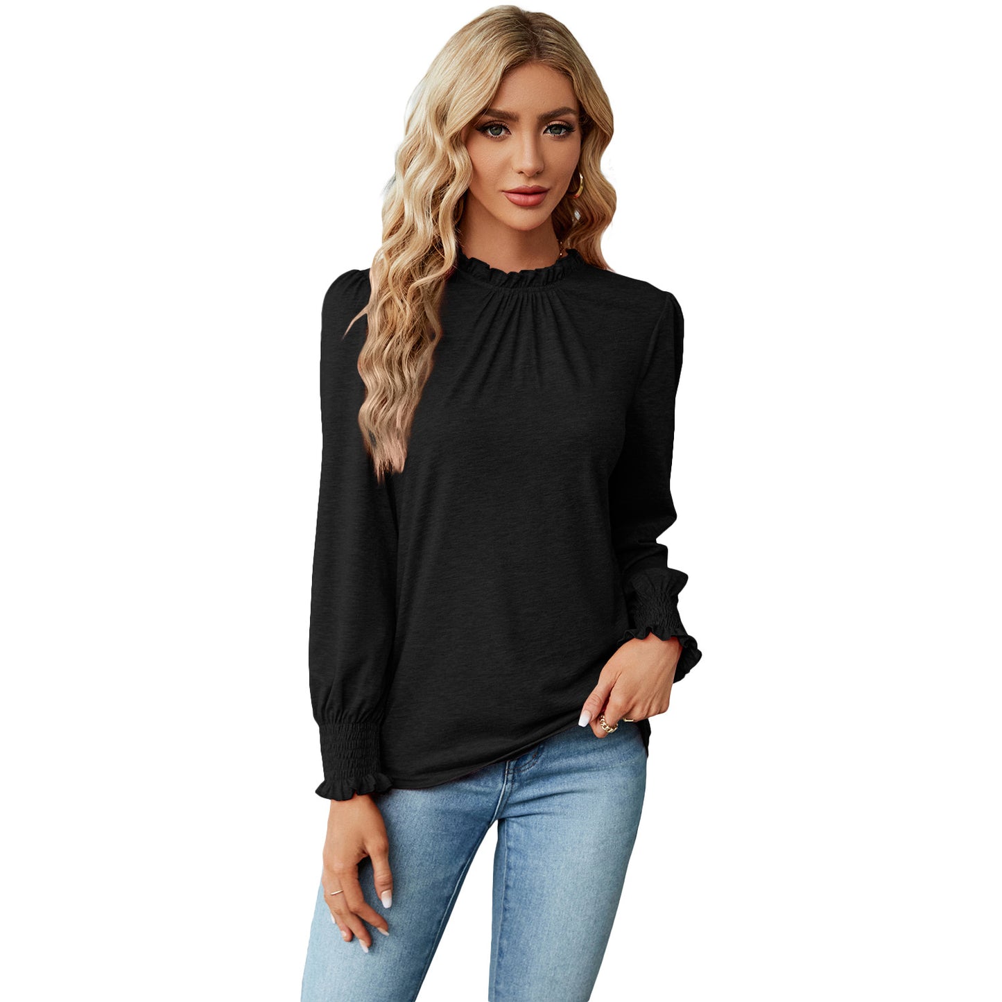 Color Lace Collar Long Sleeve Loose-fitting Blouses