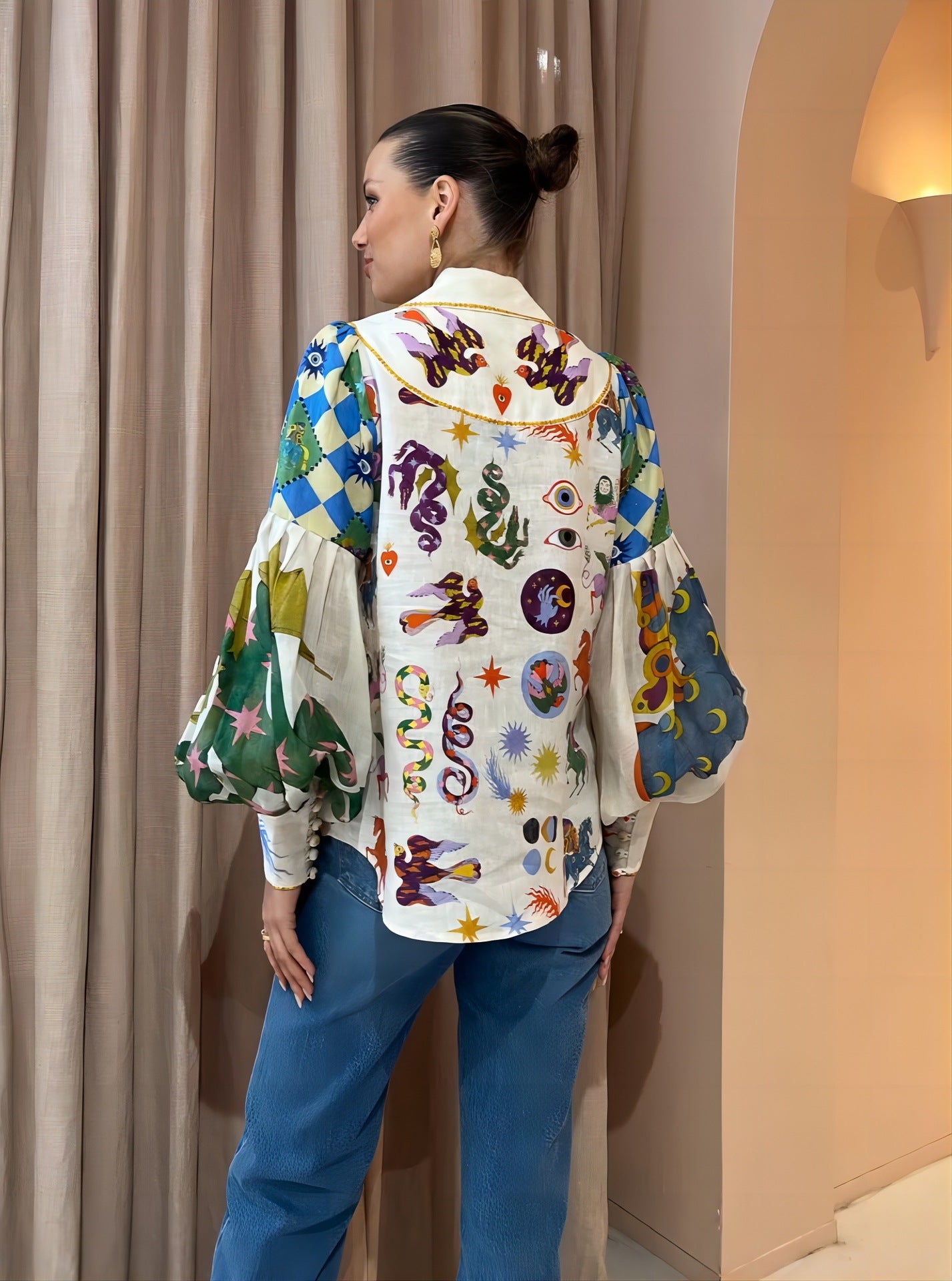 Personalized Graffiti Printing Lapel Lantern Sleeve Cardigans