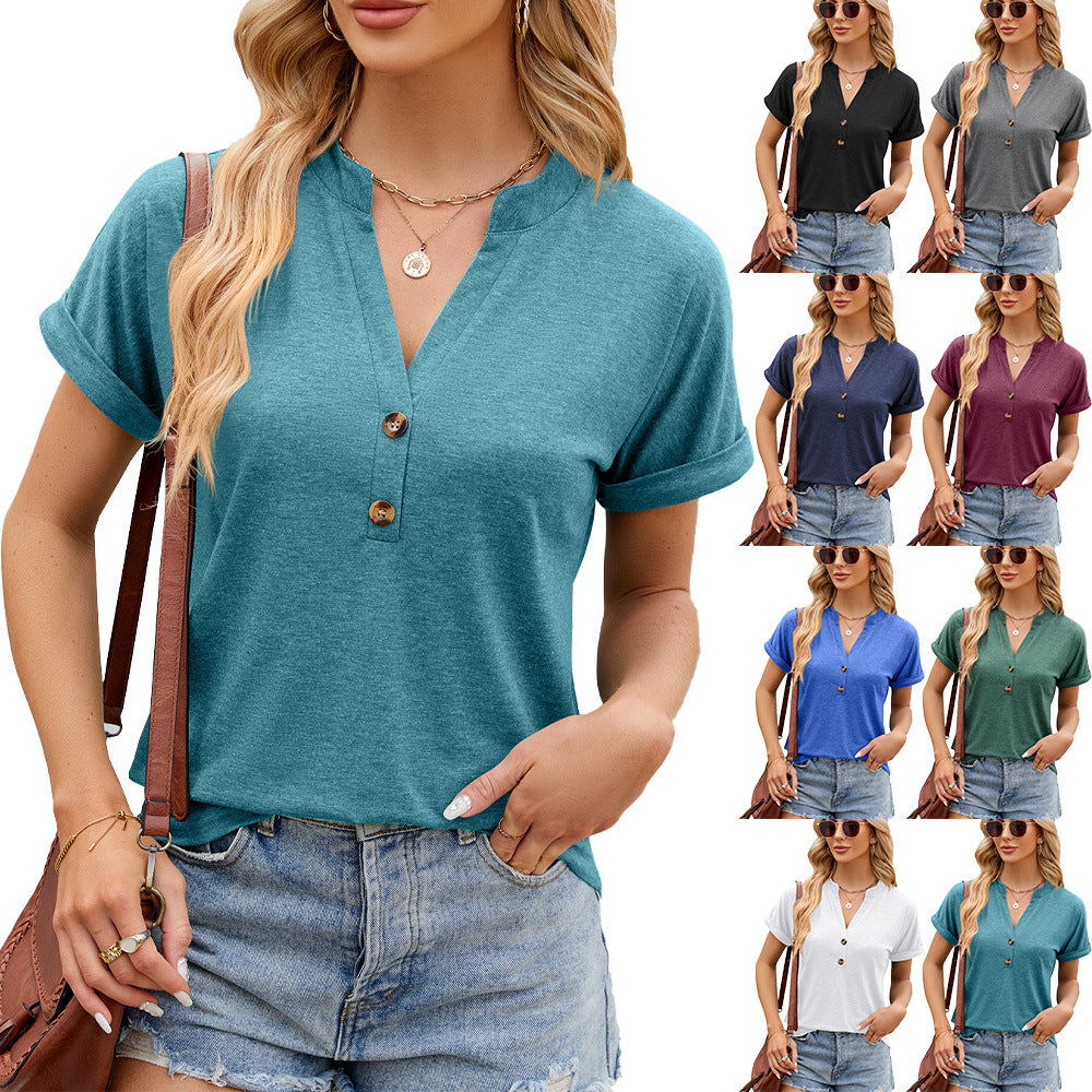 Solid Color Button Loose Sleeve T-shirt Blouses