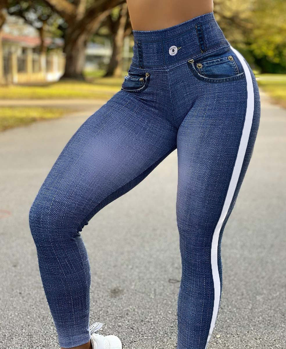 Women's High Waist Elastic Imitation Denim Fitness Leggings