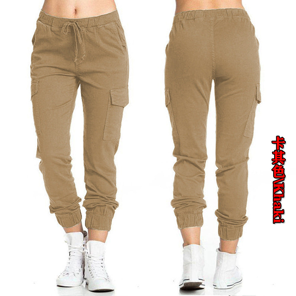 Women's Multi-pocket Work Casual Elastic Waist Tie Pants