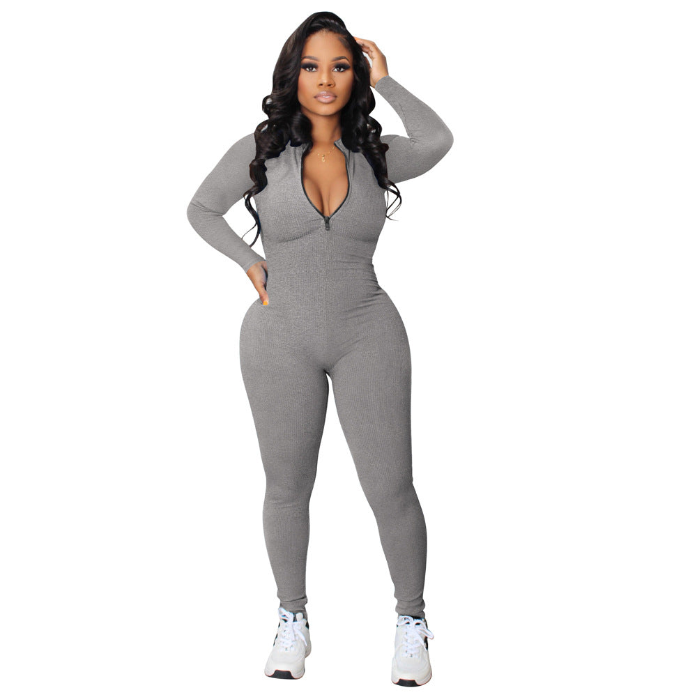 Pretty Autumn Sunken Stripe Zipper Sports Jumpsuits