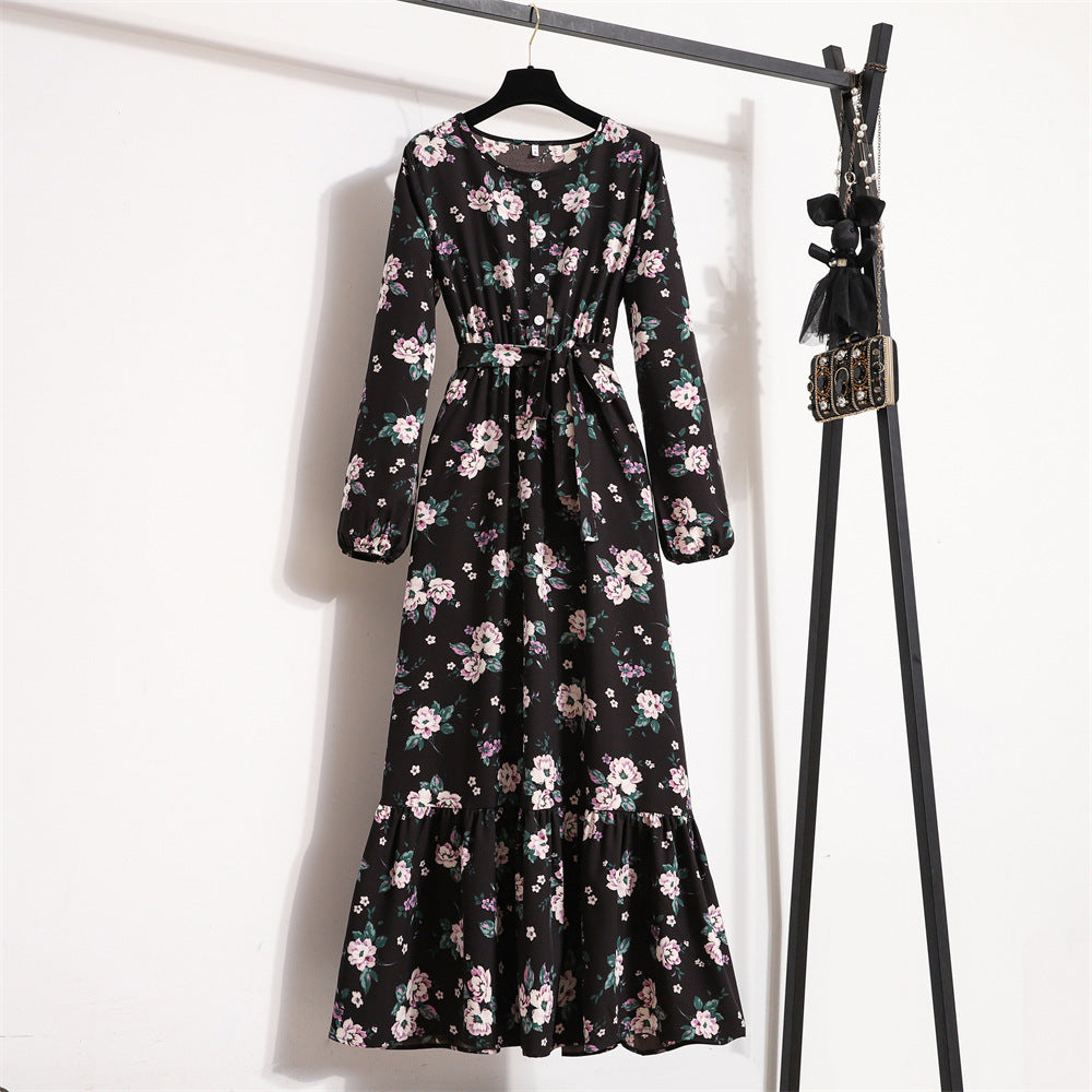 Women's Vintage Floral Long Sleeve Dress Waist Dresses