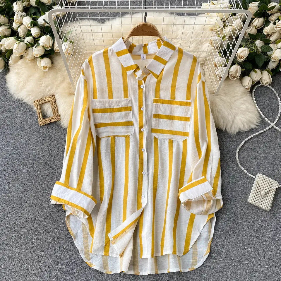 Mid-length Vertical Stripes Shirt Female Korean Blouses