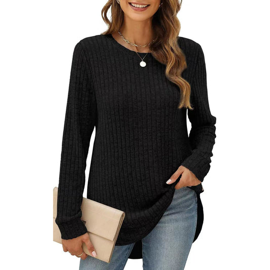 Women's Color Round Neck Long Sleeve Brushed Blouses