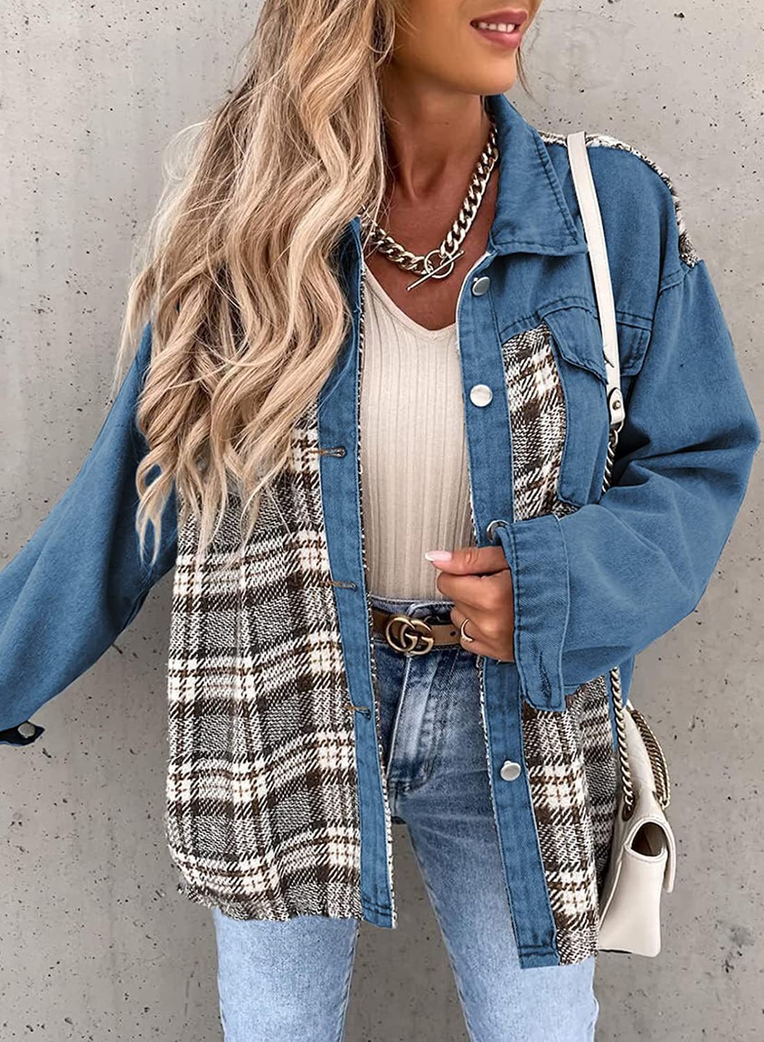 Denim Long Sleeve Plaid Button-down Shirt Tops