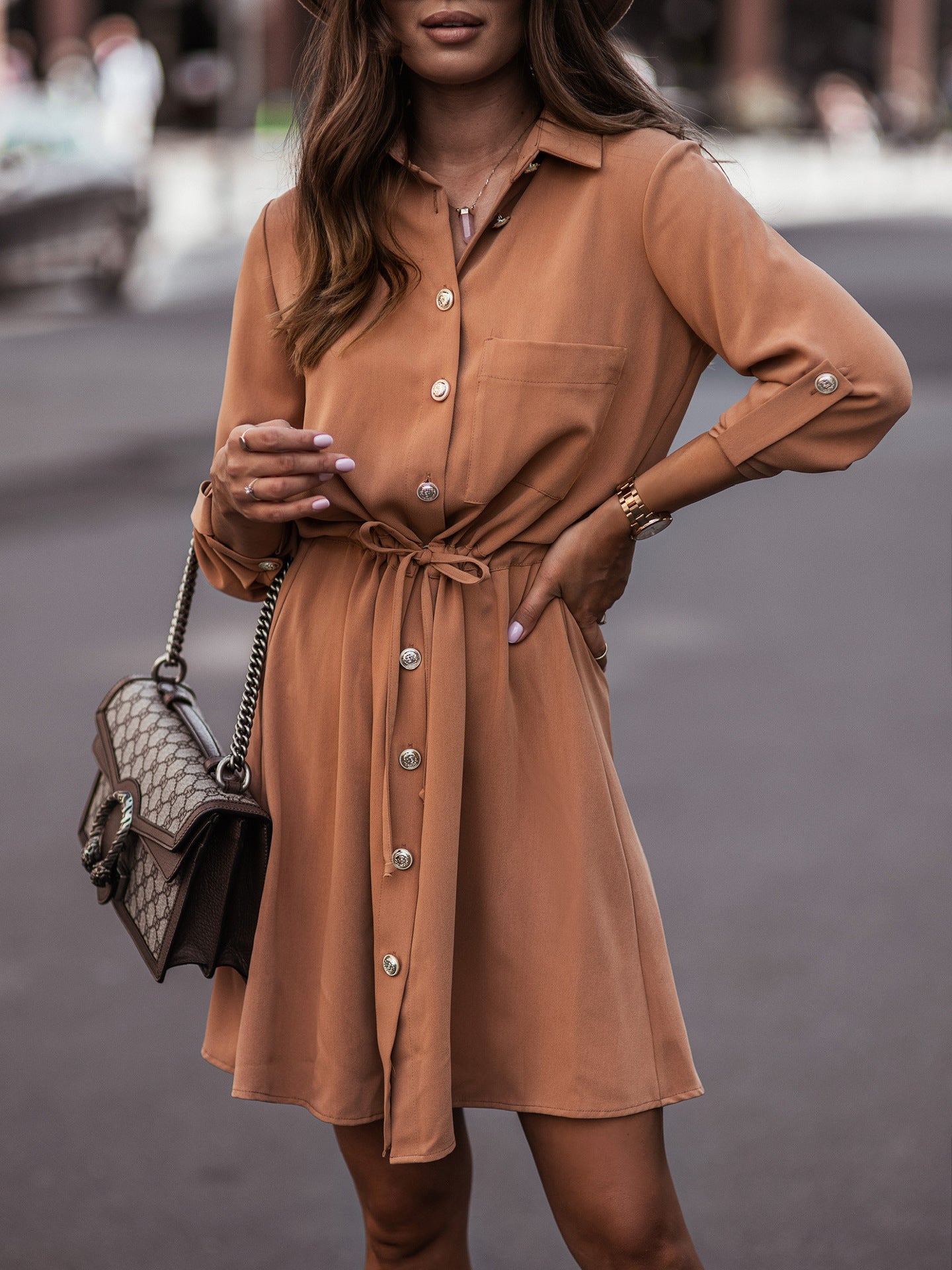 Color Waist Tight Button Rolled Sleeves Dresses