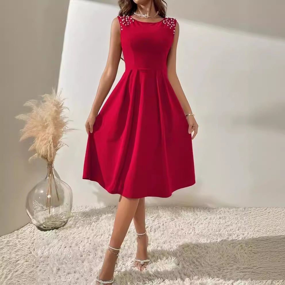 Women's Elegant Slim Fit Round Neck Bead Dresses