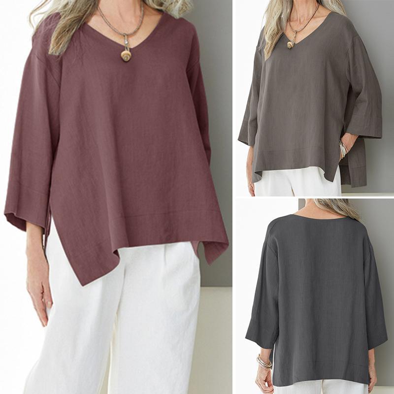 Loose Split Casual Solid Color Cotton Blouses