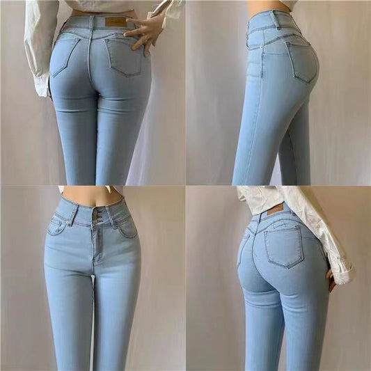 Women's High Waist Navel Slim Fit Light Blue Jeans