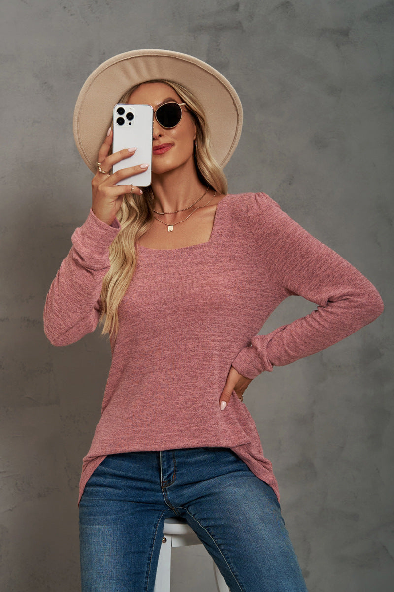 Autumn Solid Color T-shirt Collar Sleeve Tops