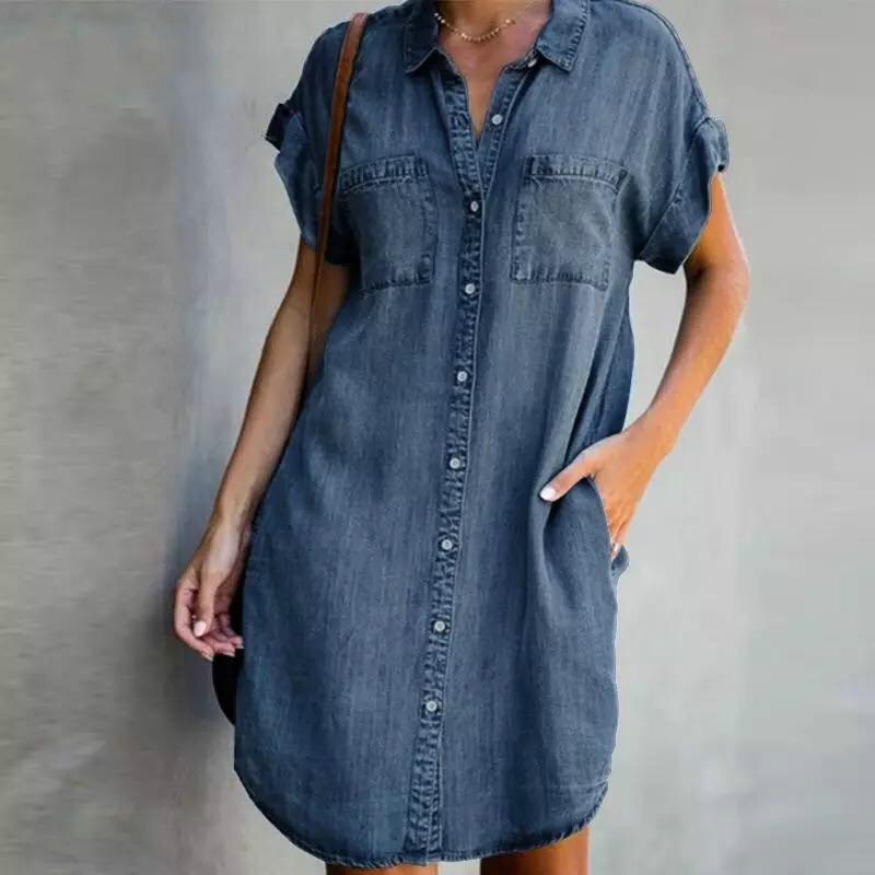 Women's Lapel Sleeve Slim Denim Shirt Dress Dresses