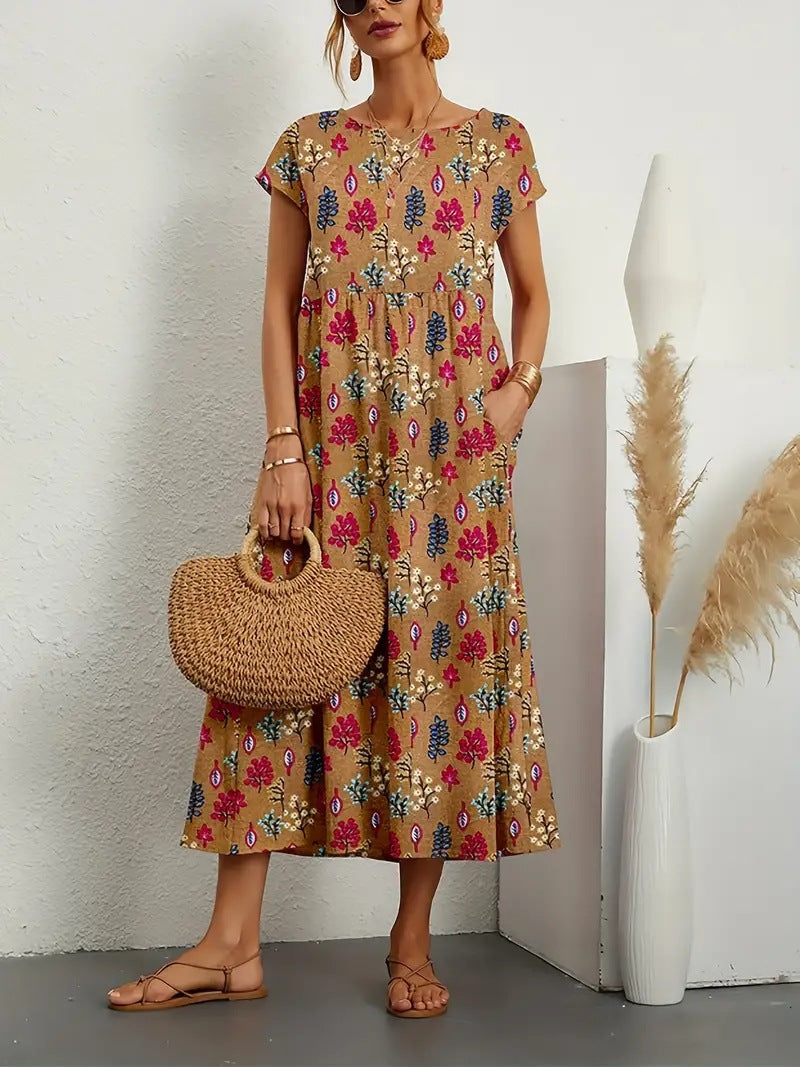 Women's And Linen Sleeveless Round Neck Printed Dresses