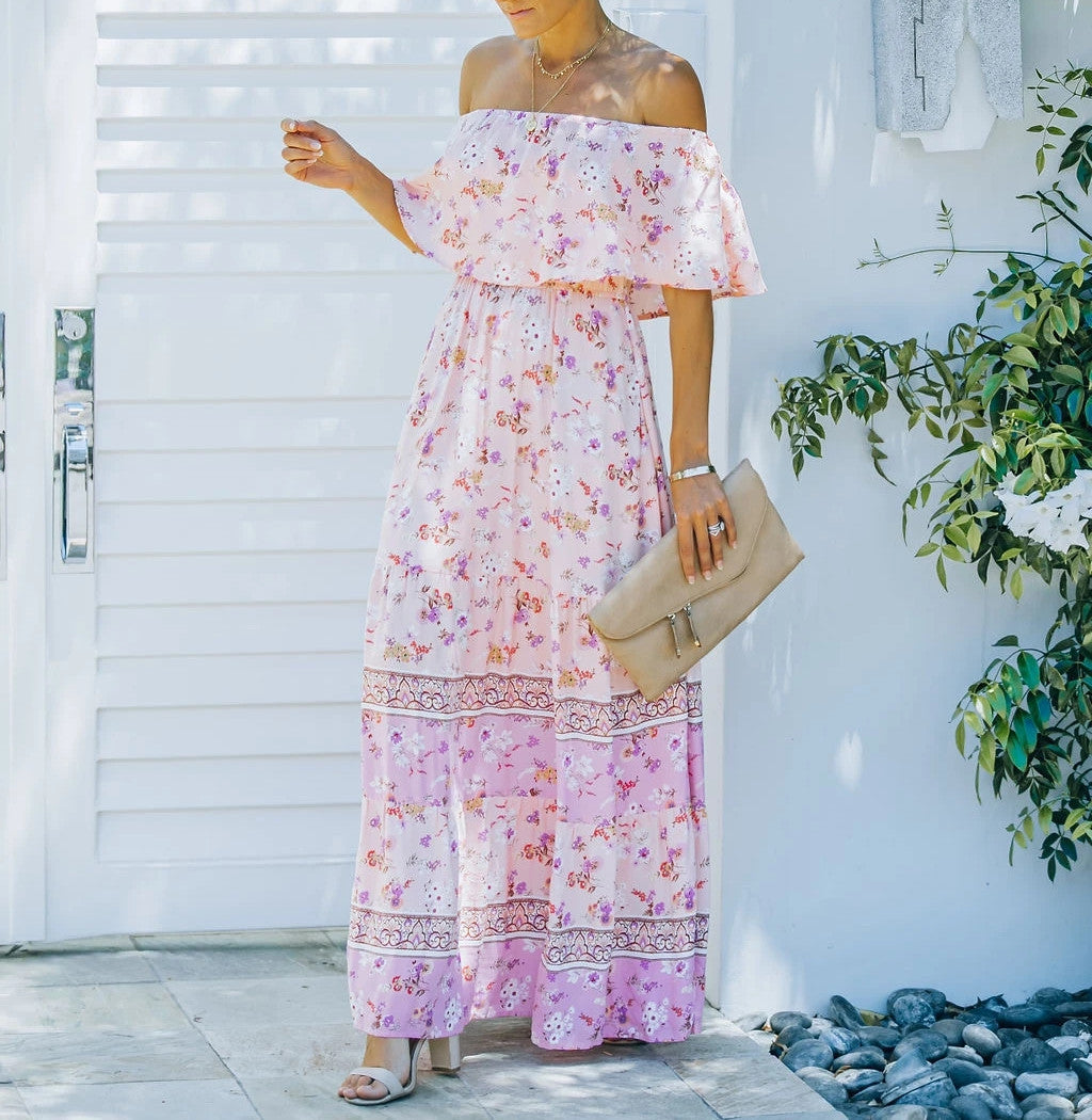 Summer Off-shoulder Printed Long Large Hem Dresses