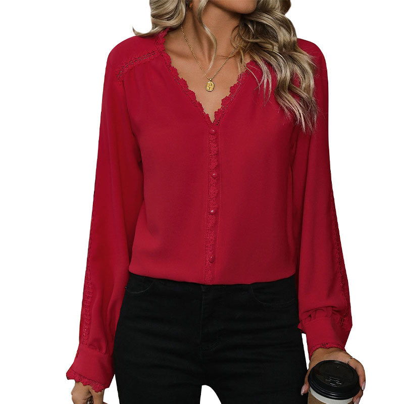 Women's Autumn Casual Long-sleeved Red Shirt For Blouses