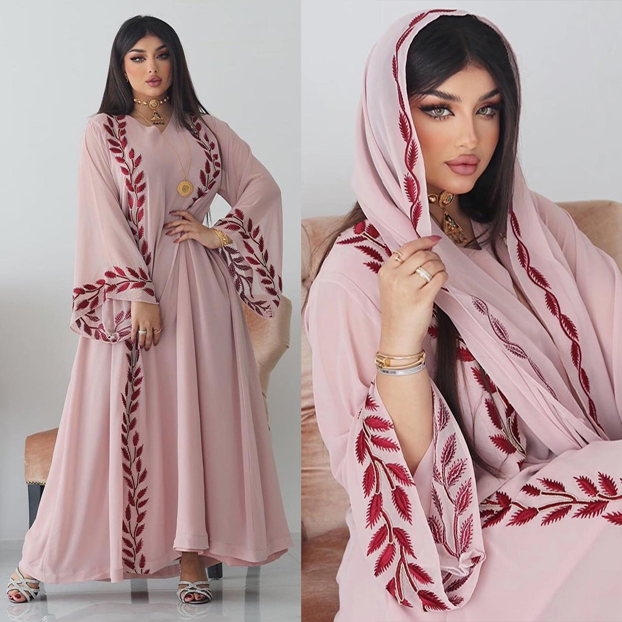 Fashion Street Summer Chiffon Long Muslim Embroidered Pink Round-collar Clothing