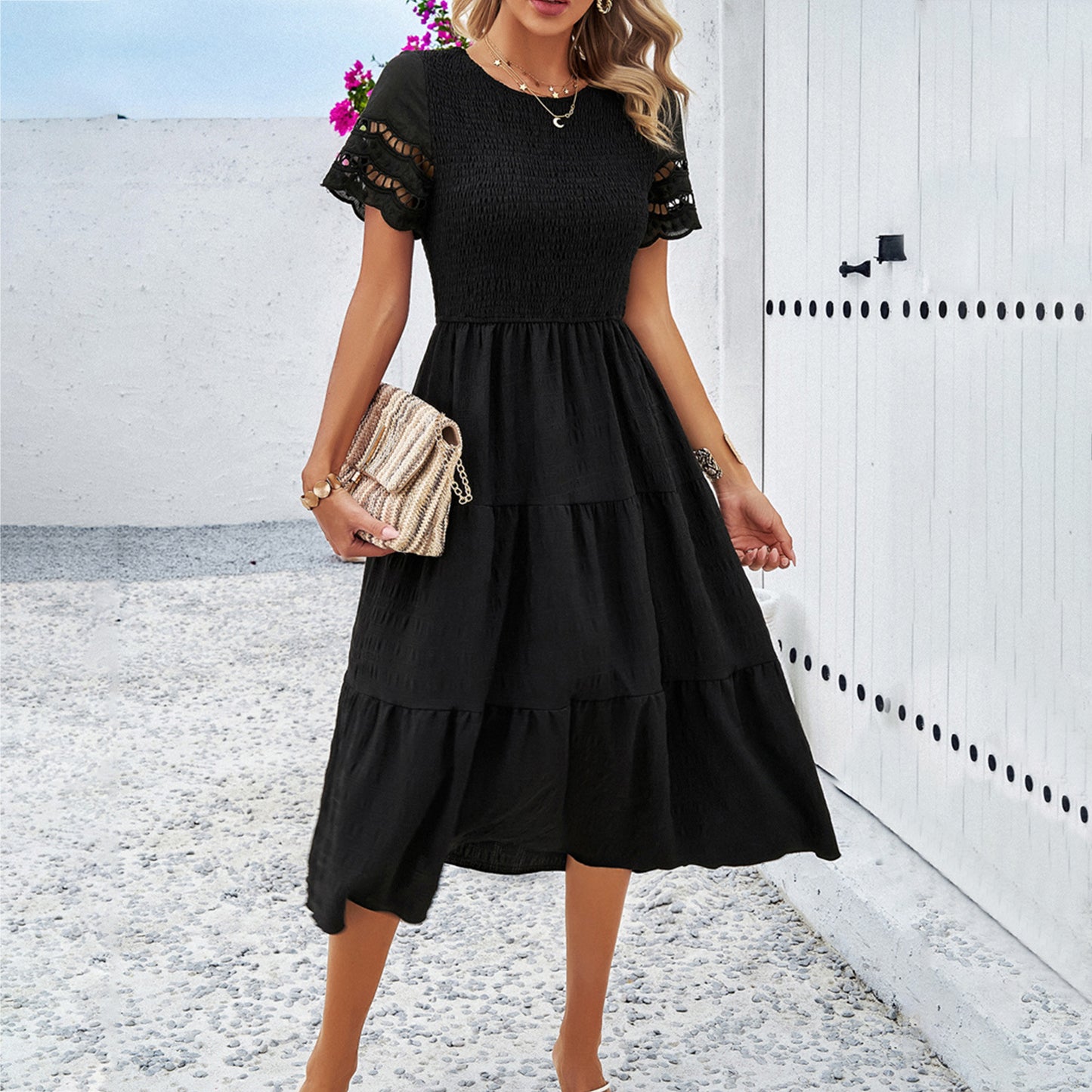 Women's Pure Color Temperament Smocking Hollow Dress Dresses