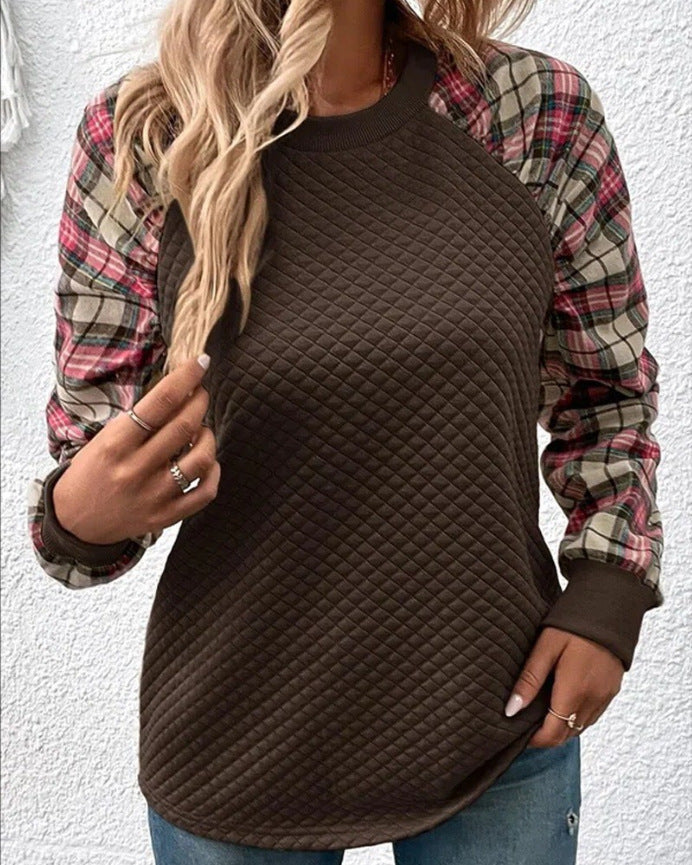 Women's Fashion Diamond Plaid Stitching Long Sleeve Crew Sweaters