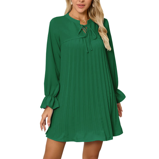 Women's Lantern Sleeve Long Solid Color Pleated Clothing