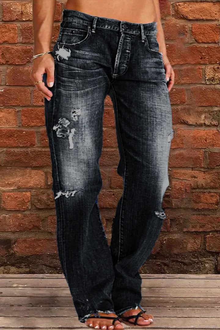 Women's Denim Trousers Fashion Elastic Hole Casual Pants