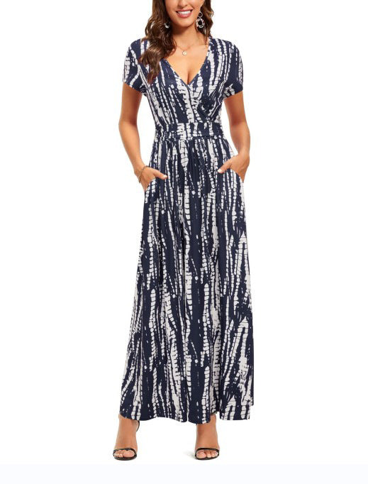 Women's Printed Chest Wrap Sleeve Pocket Dress Dresses