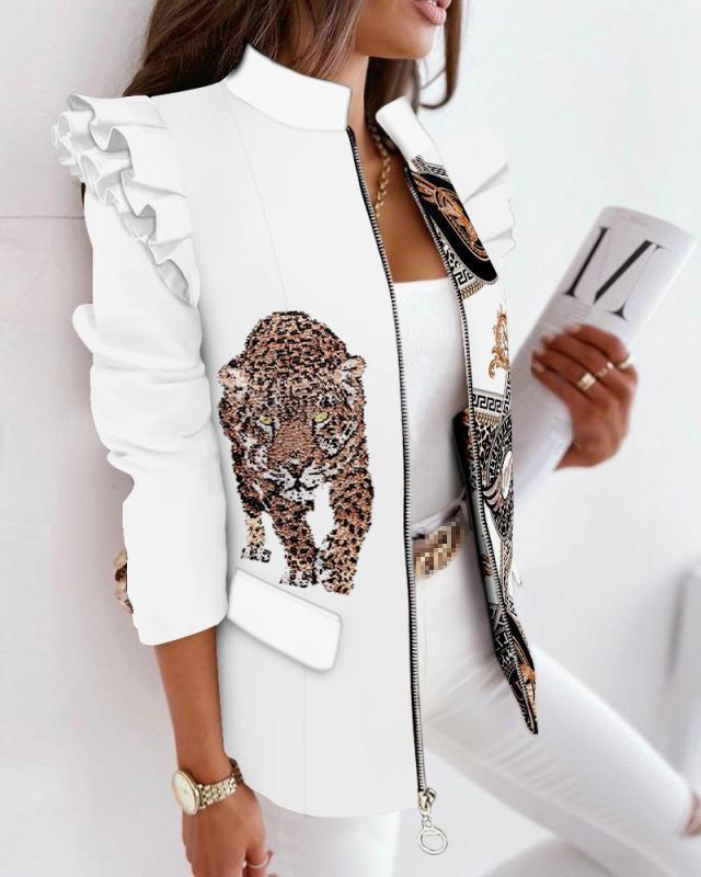 Women's Ruffled Long Sleeve Zipper Print Blazers