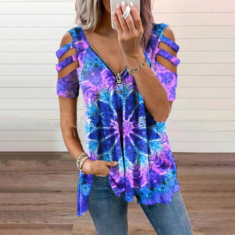 Women's Collar Zipper Pullover Print Sleeve Loose Blouses