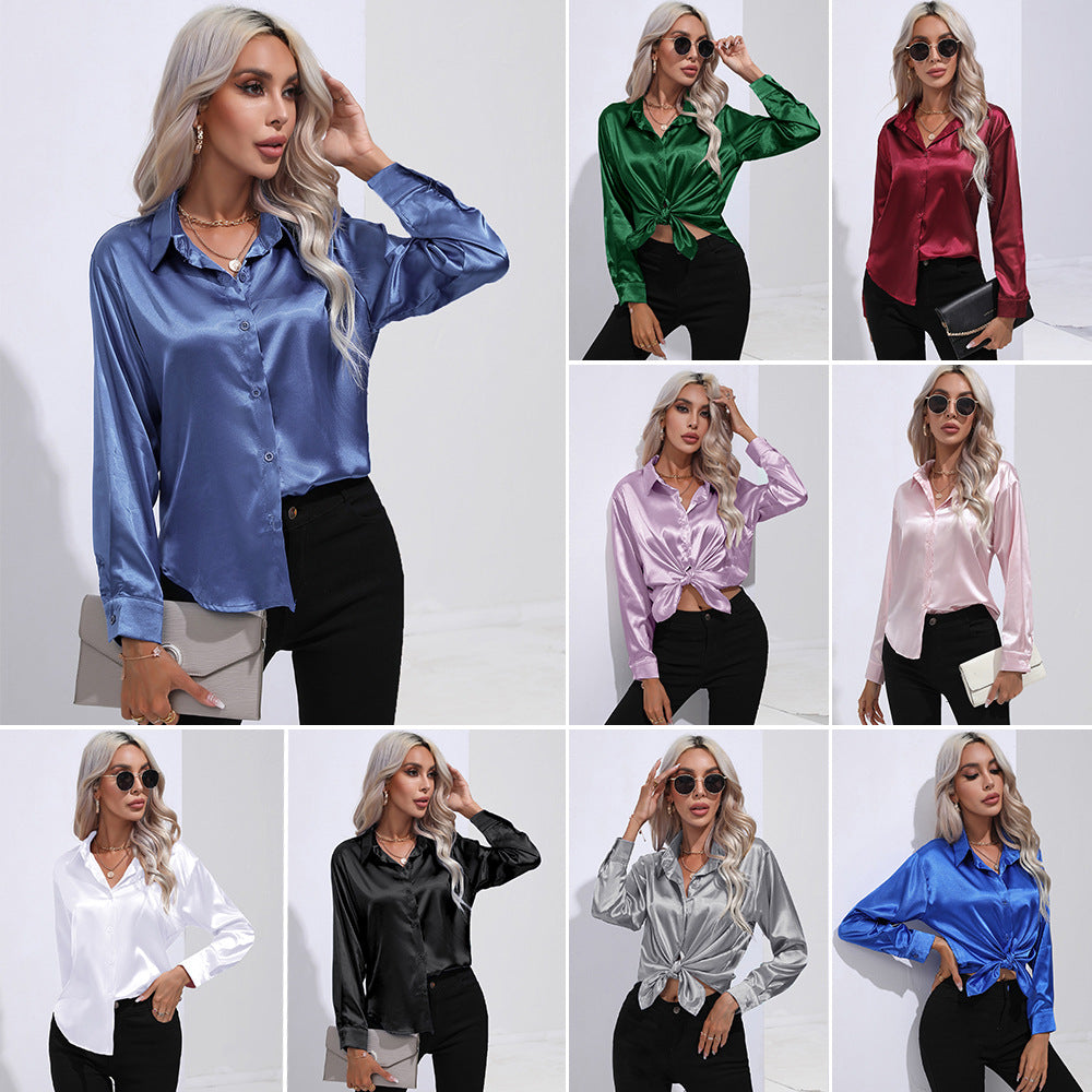 Women's Attractive Pretty Satin Shirt Long-sleeved Blouses