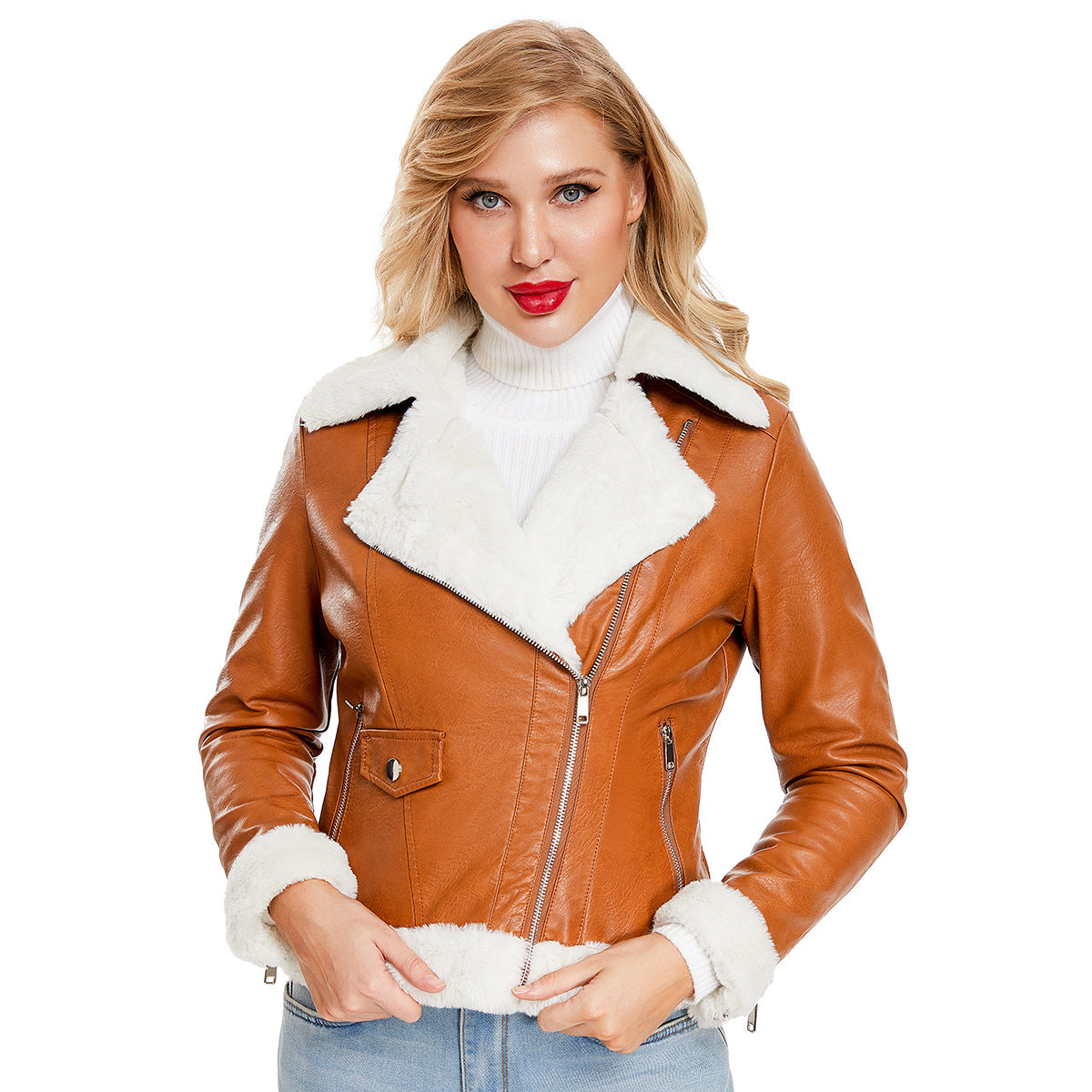 Women's Fleece Leather Warm Long Sleeves Collar Coats