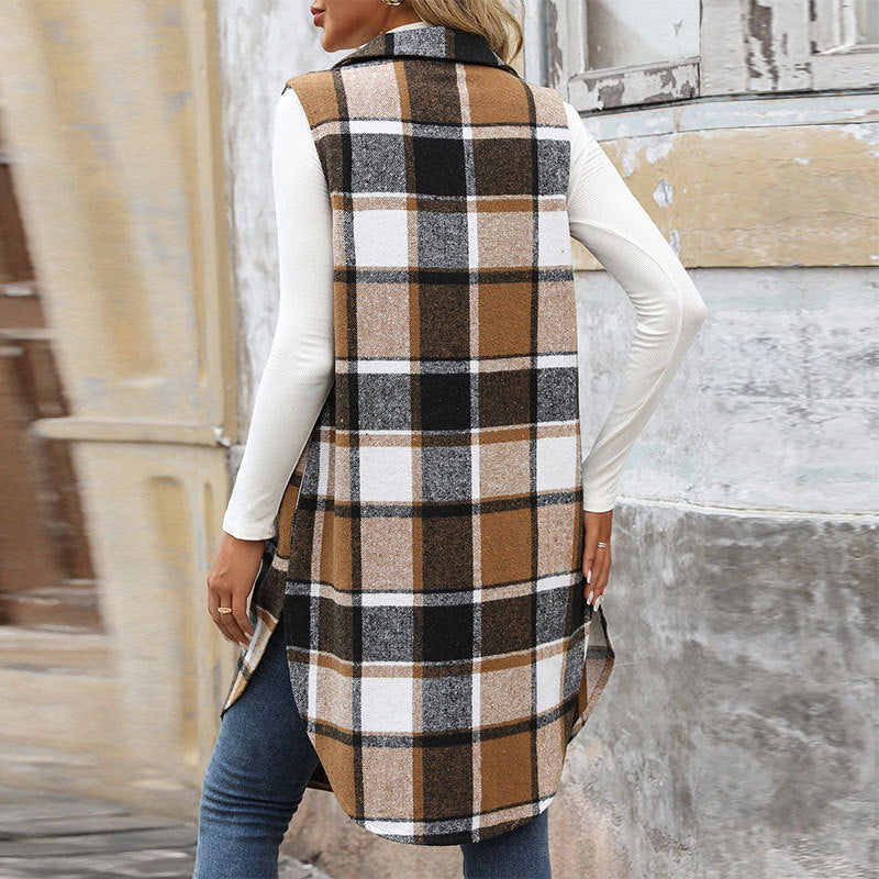 Women's Pretty Autumn Lapel Long Plaid Vests