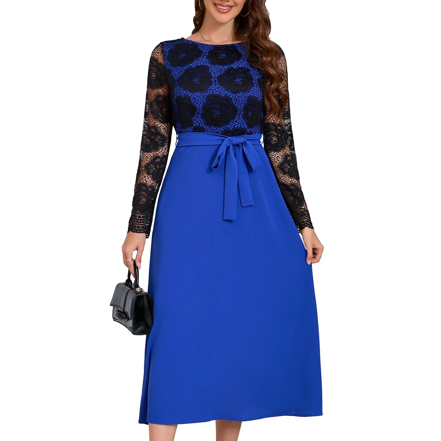 Women's Fashion Slim Fit Temperament Crew Neck Black Lace Dresses