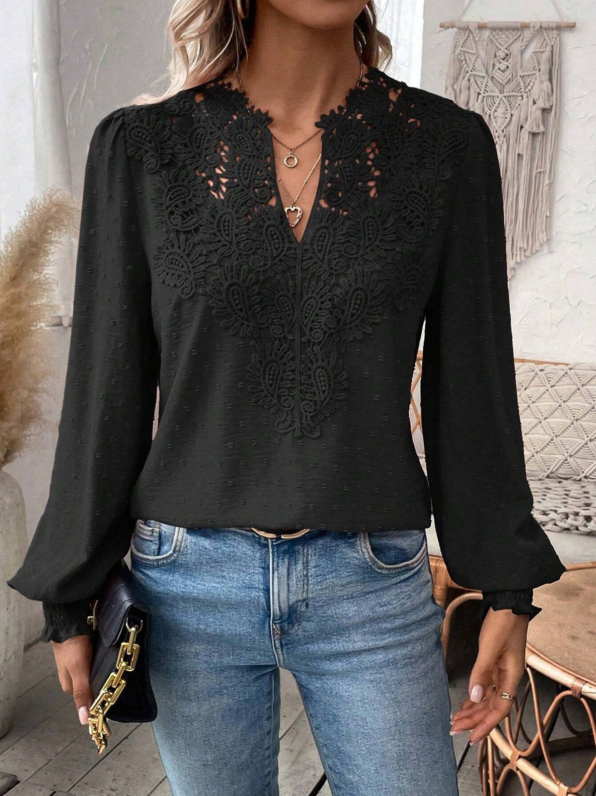 Women's Autumn Lace Stitching Solid Color Shirt Blouses