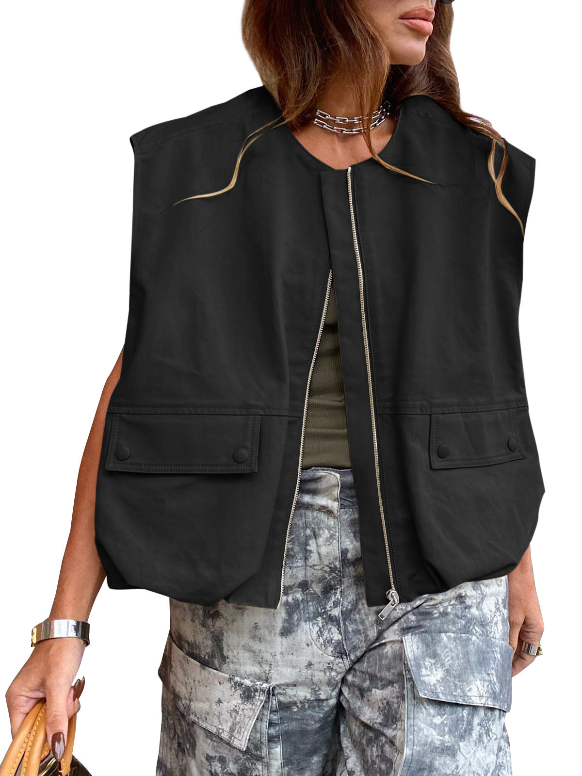 Women's Pocket Loose-fitting Waistcoat Solid Color Zipper Cardigans