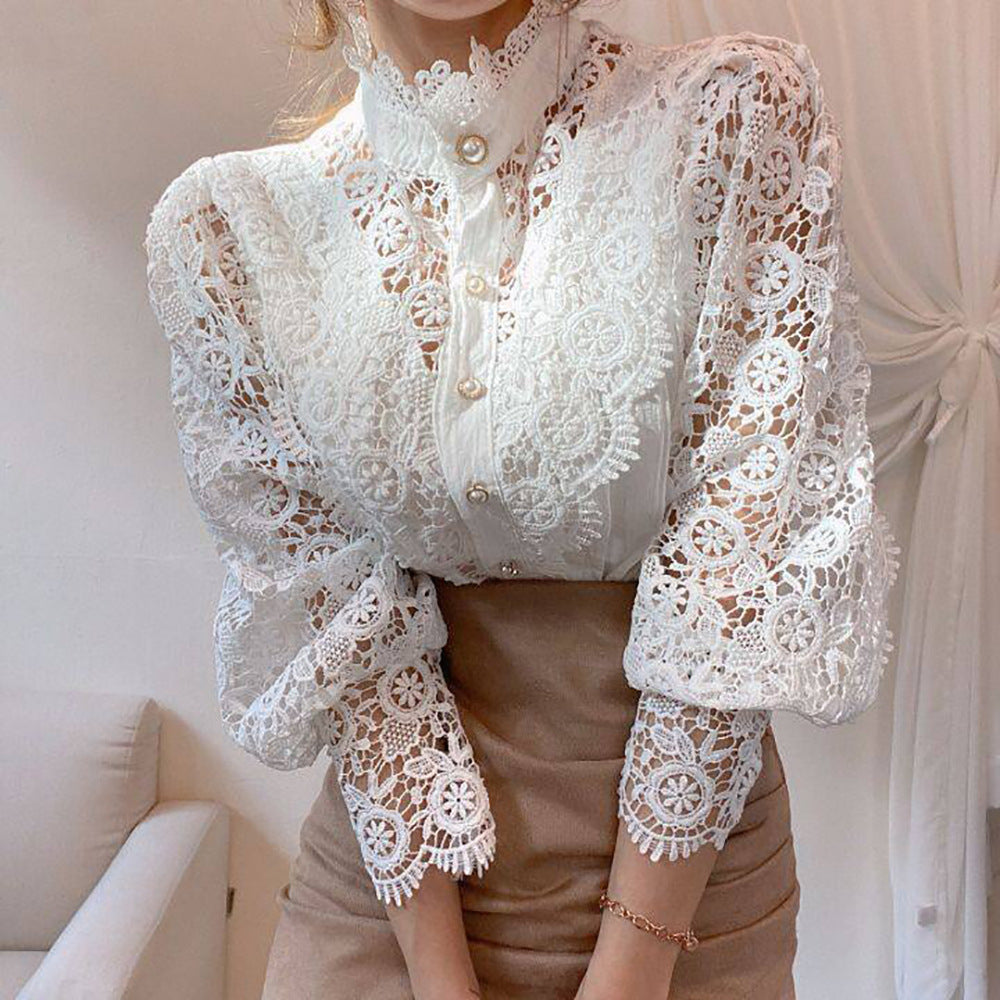 Women's Collar Cotton Solid Color Lace Hollow-out Long-sleeved Blouses