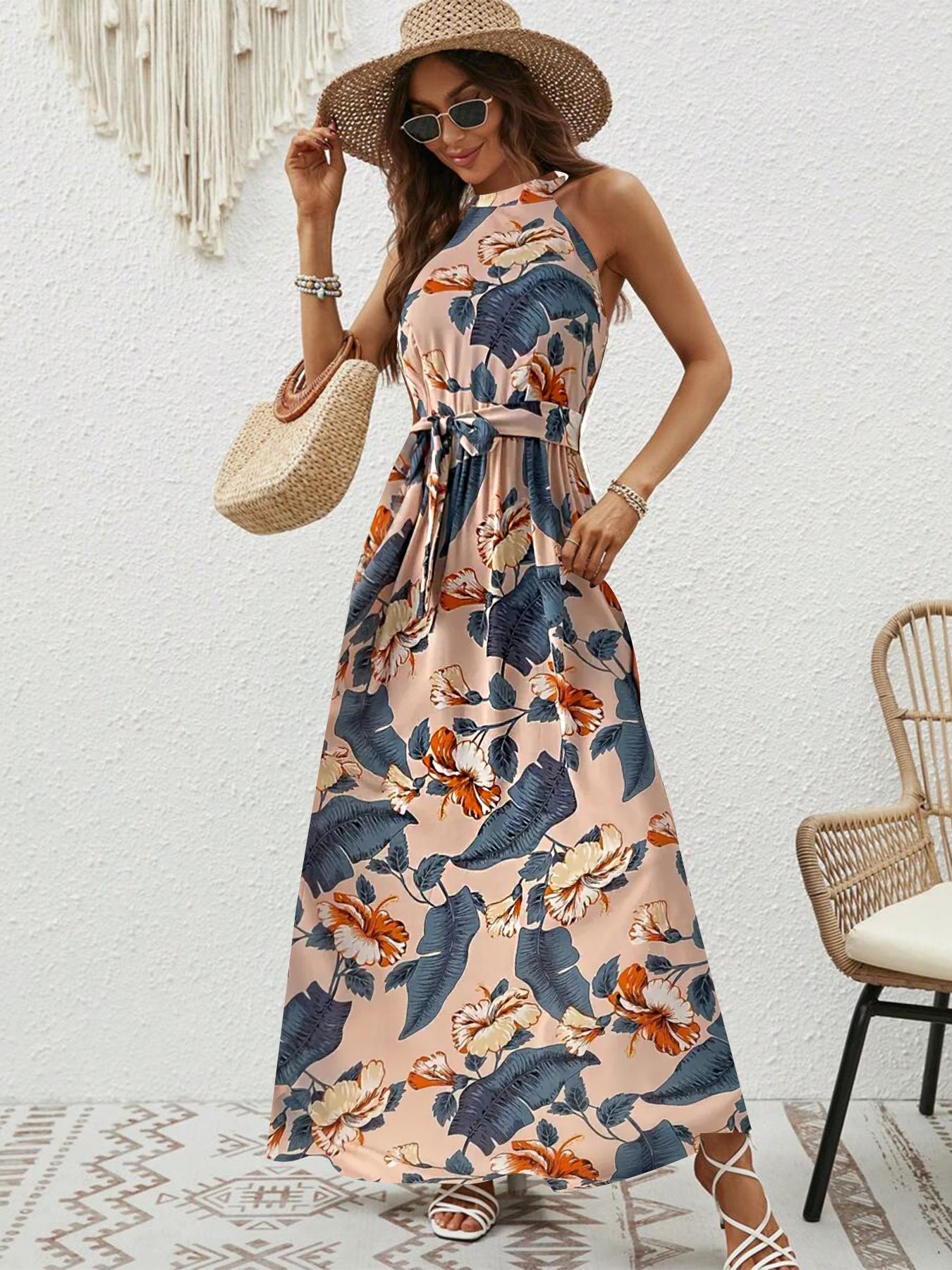 Women's Autumn Vintage Print Halter Bohemian Dress Clothing