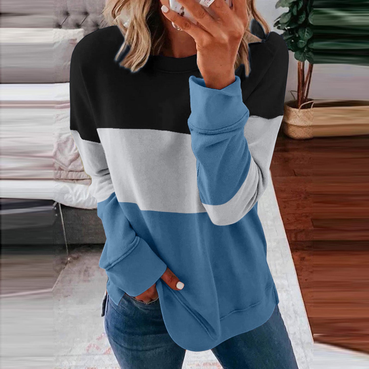 Women's Color Matching Contrast Casual Loose Pullover Blouses