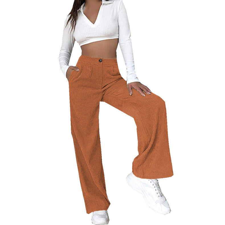 Women's Autumn High Waist Casual Solid Color Corduroy Loose Pants