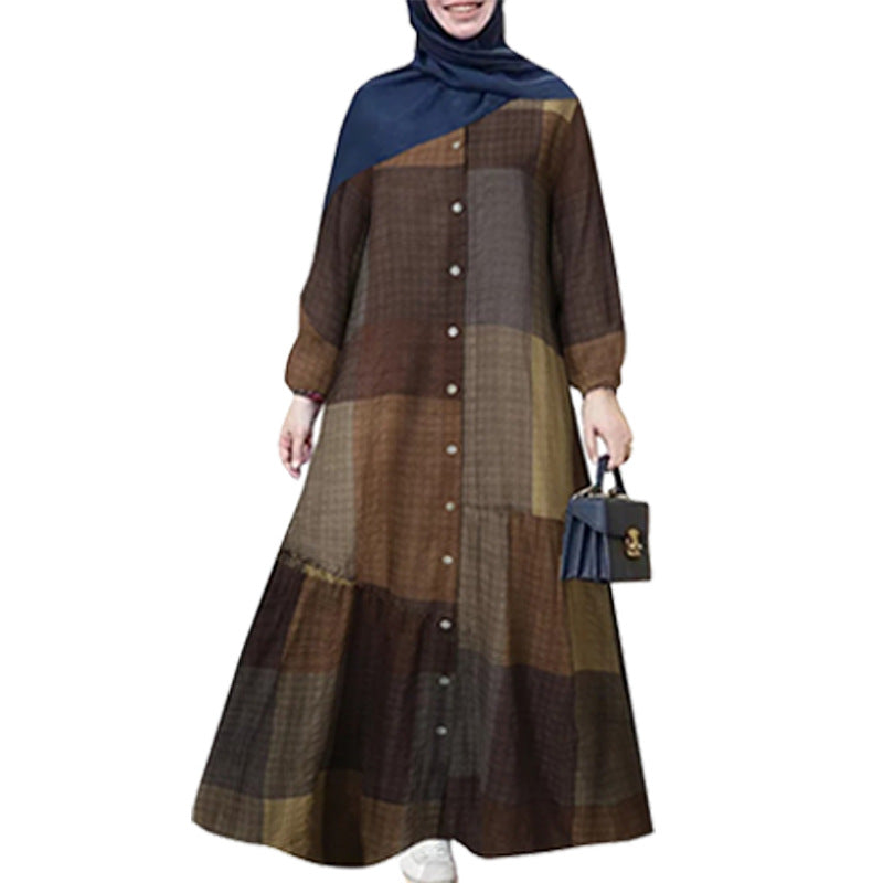 Women's Muslim Clothes Stitching Robe Cotton Long Dresses